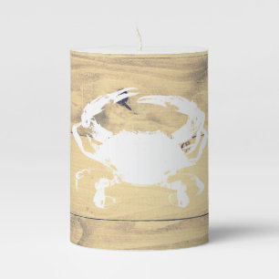 Rustic Coastal White Crab & Wood Planks Pillar Candle