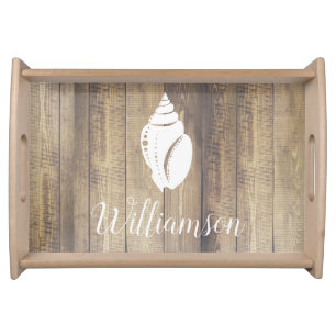 Rustic Coastal White Spiral Beach Seashell Serving Tray