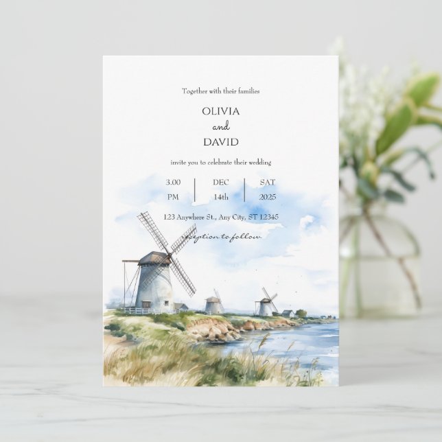 Rustic Coastal Windmills Sea View Backdrop Wedding Invitation (Standing Front)