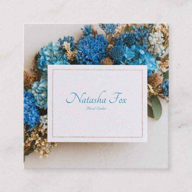 Rustic Cobalt Blue Floral Gold Frame Dried Flower Square Business Card (Front)