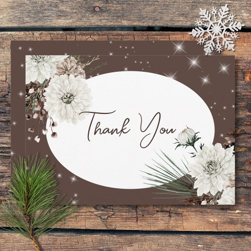 Rustic Cocoa Pine Winter Sparkle Wedding Thank You Card