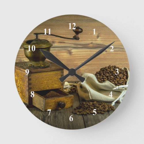 Rustic Coffee Grinder Photo Round Clock