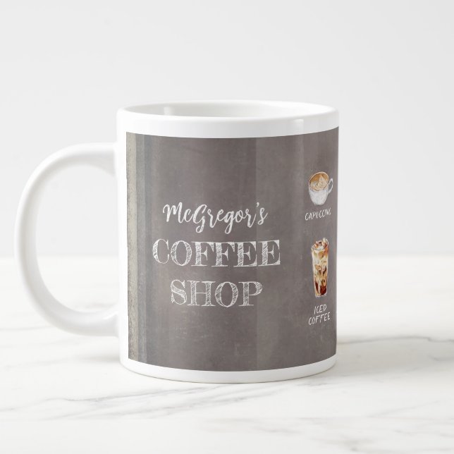 Rustic Coffee Shop Family or Business Brown Giant Coffee Mug (Left)