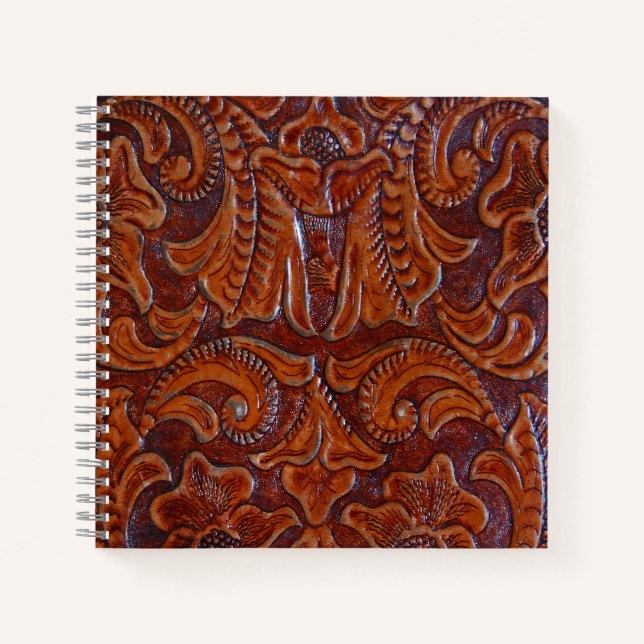 Rustic Cognac Tooled Leather PRINT Spiral Notebook (Front)