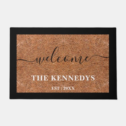 Rustic Coir Black Welcome Last Name Personalized   Doormat