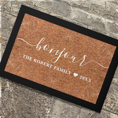 Rustic Coir Family Name Bonjour French Welcome  Doormat