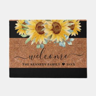 Rustic Coir Family Name Sunflower Welcome Doormat