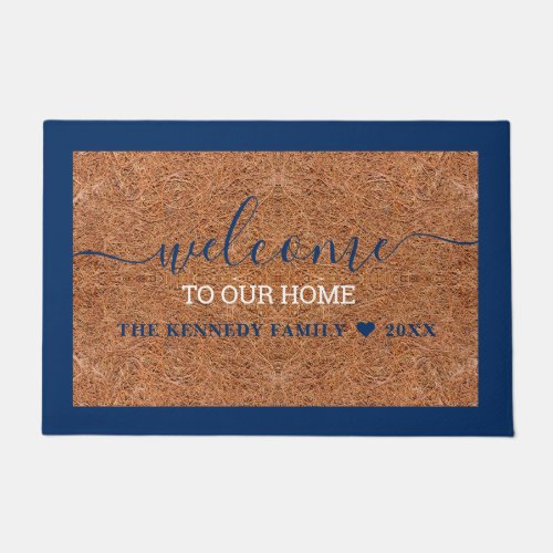 Rustic Coir Welcome  Blue Last Name Personalized  Doormat
