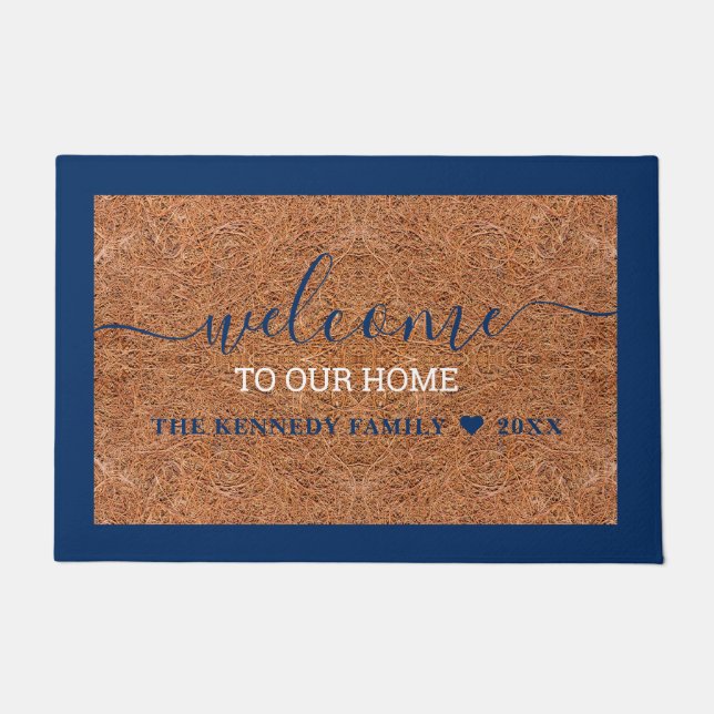 Rustic Coir Welcome  Blue Last Name Personalized  Doormat (Front)