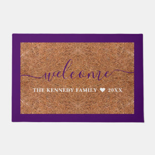 Rustic Coir Welcome Family Name Purple Outdoor Doormat