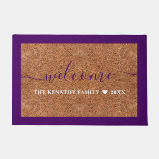 Rustic Coir Welcome Family Name  Purple Outdoor Doormat