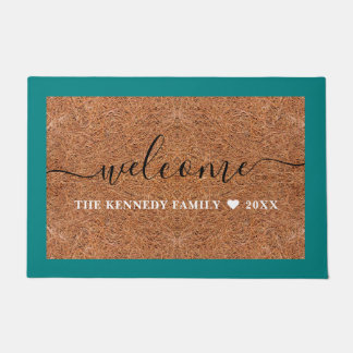 Rustic Coir Welcome Family Name  Teal Outdoor Doormat