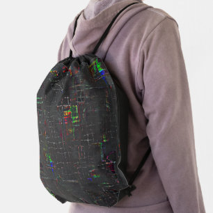 Rustic colored drawing in night darkness up jute drawstring bag