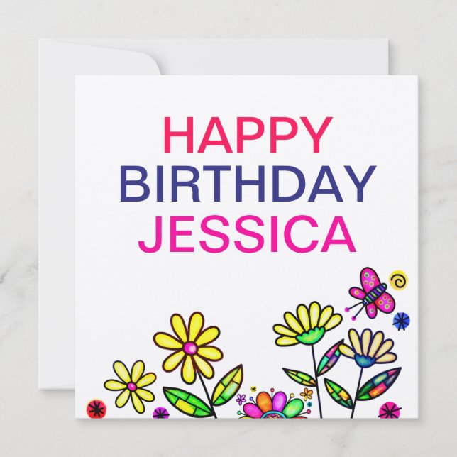 Rustic Colorful Artsy Flowers Happy Birthday Name Card (Front)