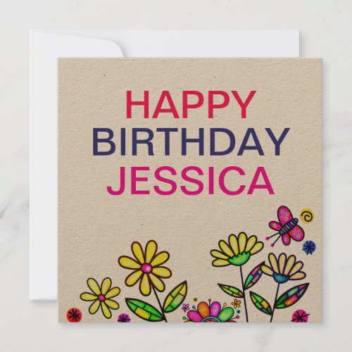 Rustic Colorful Artsy Flowers Happy Birthday Name Card