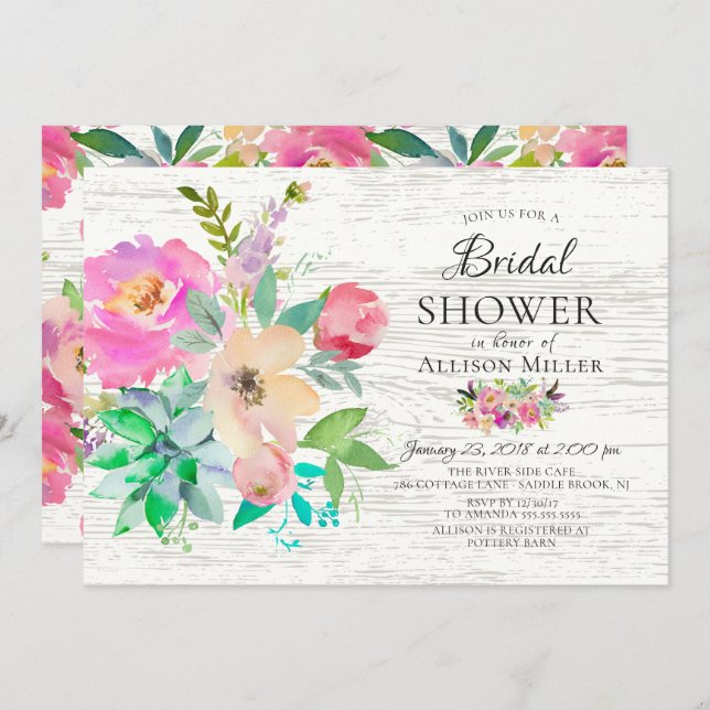 Rustic Colorful Floral Bridal Shower Invitations (Front/Back)
