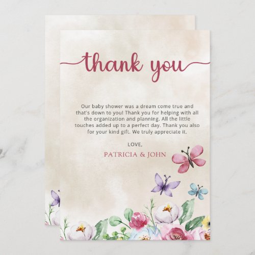 Rustic Colorful Floral Butterflies Baby Shower Thank You Card