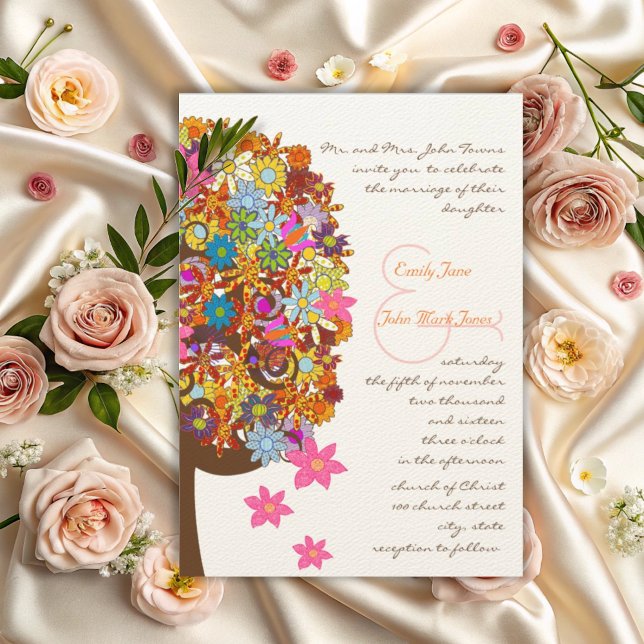 Rustic Colorful Flower Tree Wedding Invitation (Creator Uploaded)