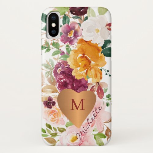 Rustic colorful watercolor floral gold monogrammed iPhone XS case
