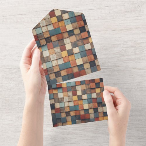 Rustic Colorful Wooden Blocks Pattern All In One Invitation