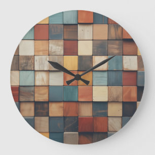 Rustic Colorful Wooden Blocks Pattern Large Clock
