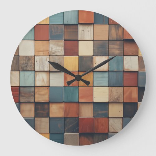 Rustic Colorful Wooden Blocks Pattern Large Clock