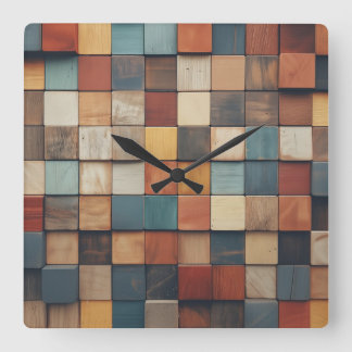 Rustic Colorful Wooden Blocks Pattern Square Wall Clock