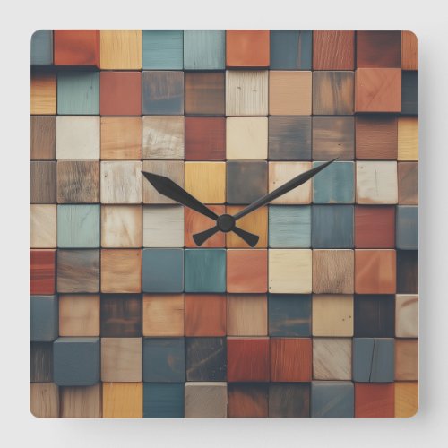 Rustic Colorful Wooden Blocks Pattern Square Wall Clock