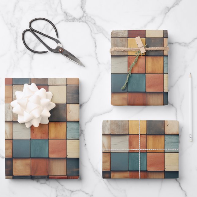 Rustic Colorful Wooden Blocks Pattern Wrapping Paper Sheets (Front)