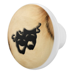 Rustic Comedy and Tragedy Theater Masks Ceramic Knob