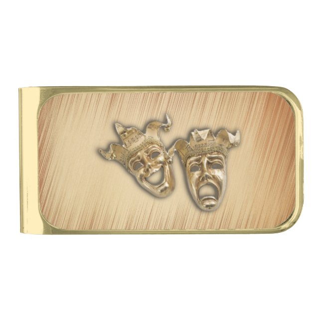 Rustic Comedy and Tragedy Theater Masks Gold Finish Money Clip (Front)