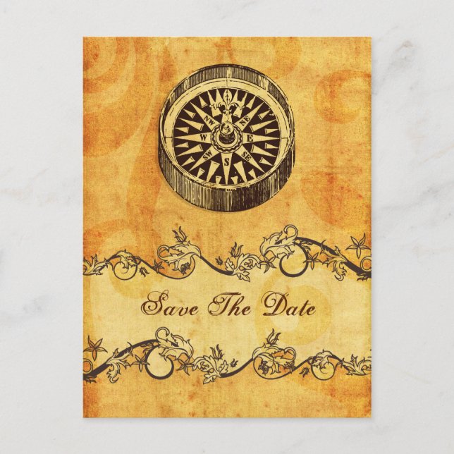 rustic compass nautical wedding save the date announcement postcard (Front)