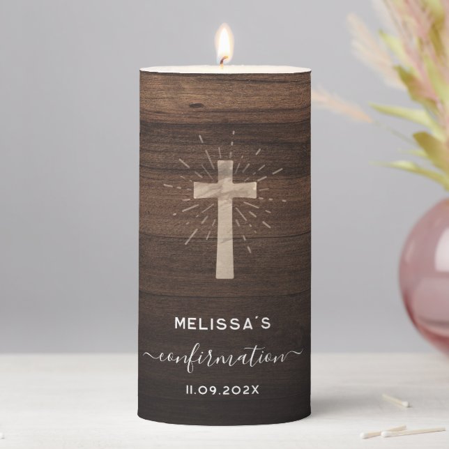 Rustic Confirmation Celebration Christian Cross Pillar Candle (In Situ)