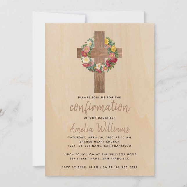 Rustic Confirmation Girl Rose Wreath Wood Cross Invitation (Front)