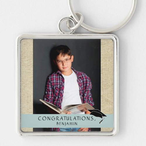 Rustic Congratulations Graduation Graduate Photo Keychain - Rustic Congratulations Graduation Graduate Photo Keychain. Graduate name, photo, graduation cap and trendy typography Congratulations on beige rustic background. Add your name and add your favorite photo.