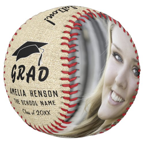 Rustic Congratulations Graduation Photo Softball - Rustic Congratulations Graduation Photo Softball. Rustic beige background, black graduate cap and black typography. This custom and personalized softball is a perfect gift for a graduate. Personalize it with your photo, graduate name, school name and the year number. You can change any text on the softball.