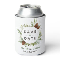 Rustic Conifer Pine Cone Save The Date Photo Can Cooler