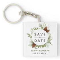Rustic Conifer Pine Cone Save The Date Photo Keychain