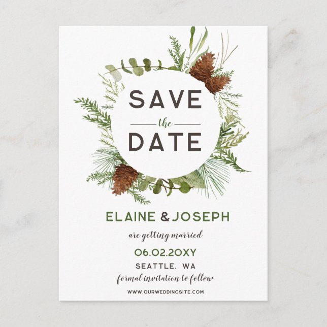 Rustic Conifer Pine cone wedding Save the Date Announcement Postcard (Front)