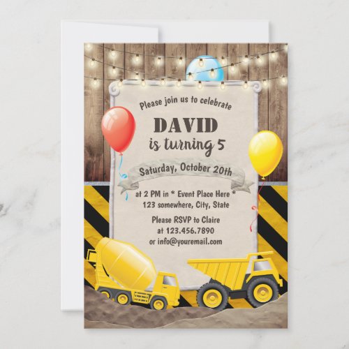 Rustic Construction Dump Truck Boys Birthday Invitation