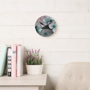 Rustic Contemporary Teal Flower Round Clock