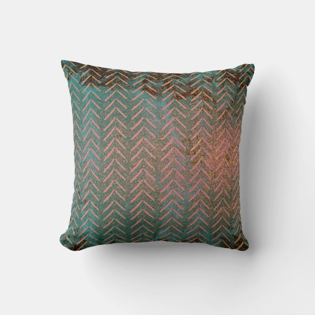 Rustic Copper and Teal Marble Chevron Throw Pillow (Front)