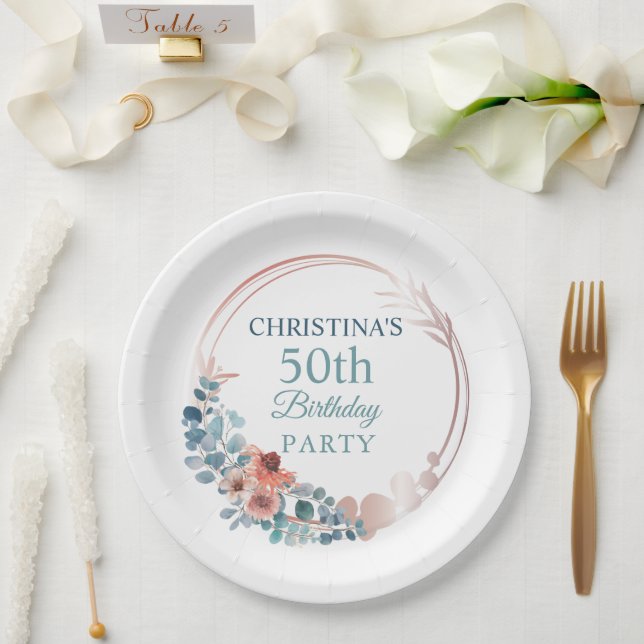 Rustic Copper Blue Floral 50th Birthday Party    Paper Plates (Wedding)