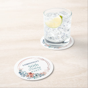 Rustic Copper Blue Floral 50th Birthday Party Round Paper Coaster