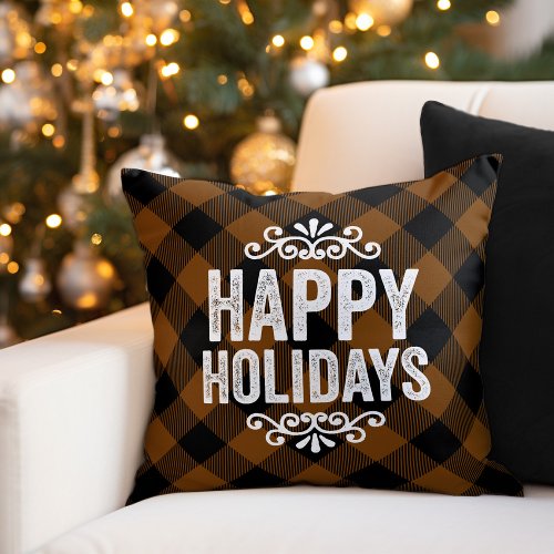 Rustic Copper Buffalo Check Happy Holidays Throw Pillow