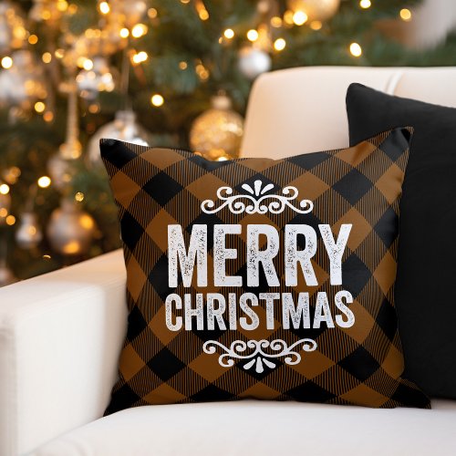 Rustic Copper Buffalo Check Merry Christmas Throw Pillow