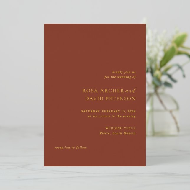 Rustic Copper Editorial Modern Wedding Foil Invitation (Standing Front)