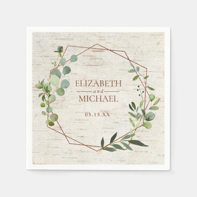 Rustic Copper Geometric Eucalyptus Birch Wedding Napkins (Front)