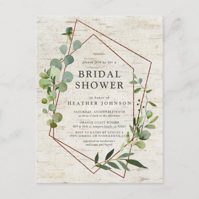 Rustic Copper Geometric Eucalyptus Bridal Shower Announcement Postcard (Front)