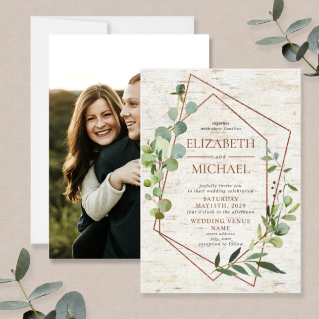 Rustic Copper Geometric Eucalyptus Elegant Photo Invitation (Creator Uploaded)